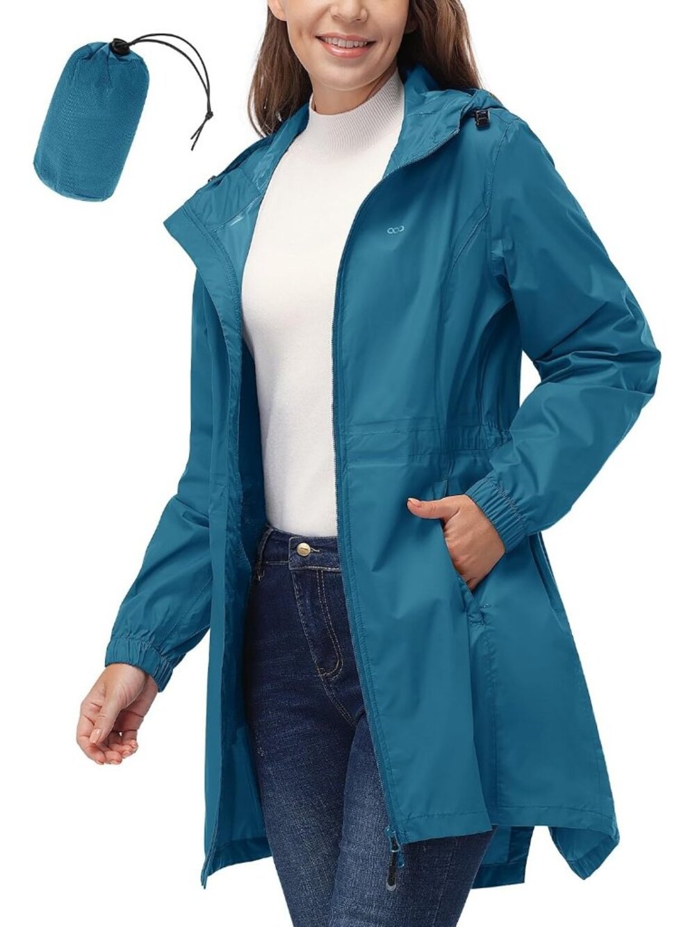 Women's Blue Waterproof Long Coat Packable Breathable Rain Jacket with Hood